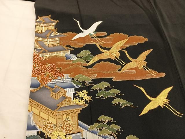 平和屋着物□豪華黒留袖 駒刺繍 飛鶴風景文 金彩 正絹 逸品