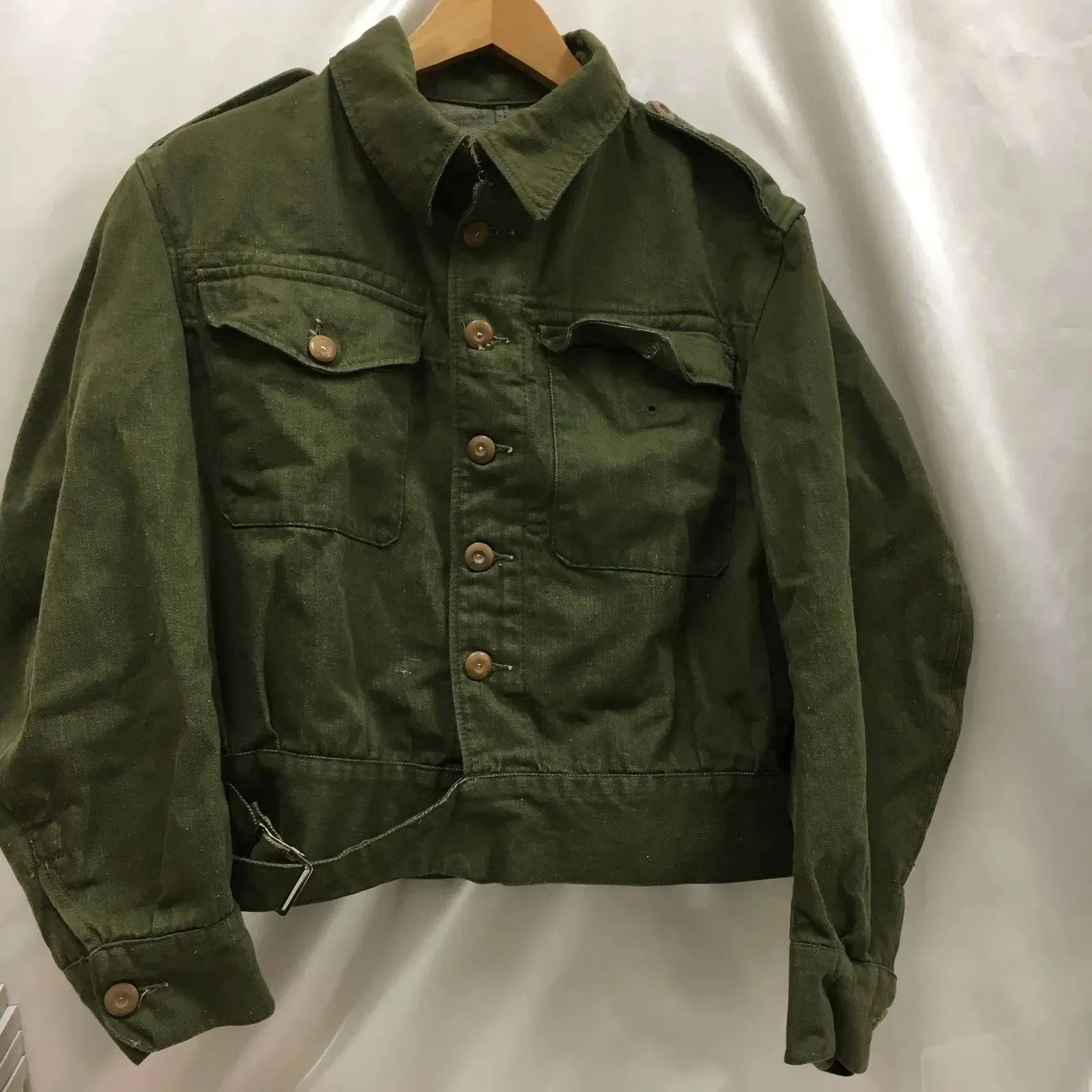 三沢店 50s イギリス軍 グリーンデニムジャケット バトルドレス 実物 イギリス軍 1950年代製 ヴィンテージ グリーンデニム ジャケットOVERALLS DENIM BLOUSES