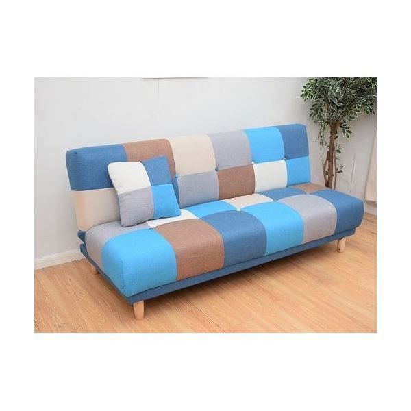 パッチワーク柄 ソファーベッド/ローソファー 【ブルー】 幅182cm 背もたれ パッチワーク柄 ソファーベッド/ローソファー 【ブルー】 幅