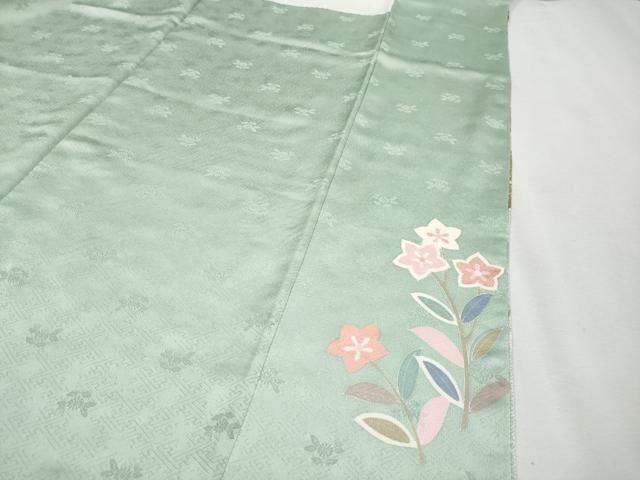平和屋着物□極上 訪問着 駒刺繍 絞り 道長草花文 金彩 白緑色地 逸品