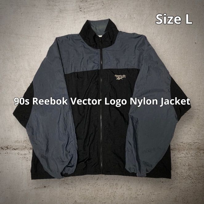 90s Reebok Vector Logo Nylon Jacket リーボック ナイロンジャケット ブラック グレー Lサイズ ベクターロゴ  ロゴ刺繍 背面ビッグロゴ Y2K テックウェア ストリート