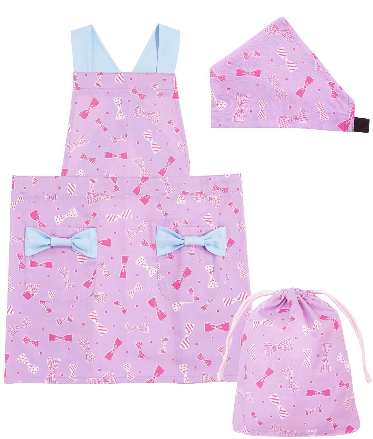 在庫セール 子供用 ３点セット エプロン キッズエプロン 三角巾 巾着袋 綿100％ NISHIKI 肌に優しい 女の子 着脱簡単 ON バッククロス ポケット付き 100cm-120cm|120cm-140cm