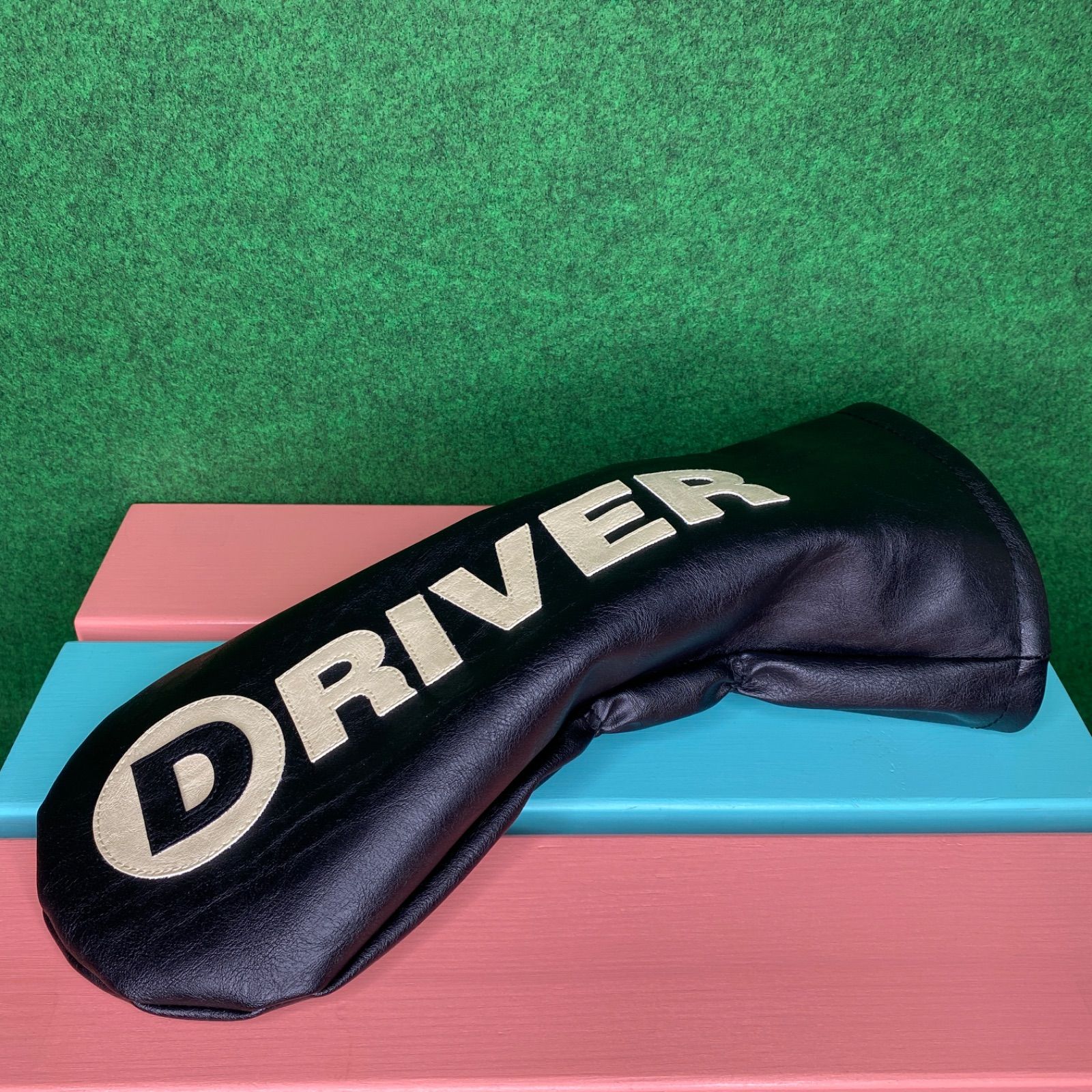 ハンドメイド 本革調フェイクレザー レザーブラック 丸パーツ付 ゴルフクラブ用ヘッドカバー 合皮