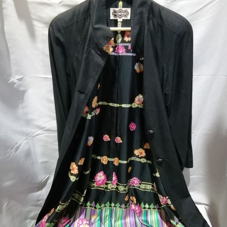 美品】AEGENCE 薄手 ロング コート ジャケット 裏地柄 ブラック