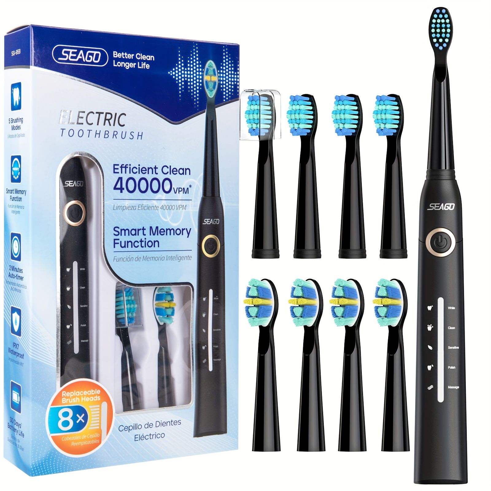 シーゴ ソニック 電動歯ブラシ 替えブラシヘッド8本付き 充電式リチウム電池 5つのクリーニングモード IPX7 ソフトナイロン毛 男女兼用 大人用 家族や休日のギフトに最適