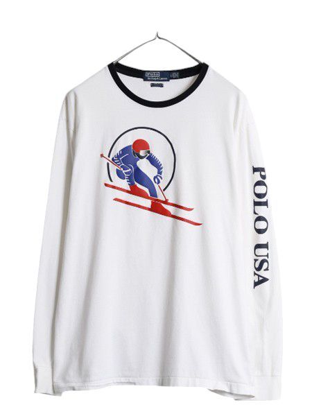【お得なクーポン配布中!】 ポロ ラルフローレン プリント 長袖 Tシャツ メンズ L 復刻 ロンT スキー 袖プリント リンガー コットン カットソー クルーネック ホワイト