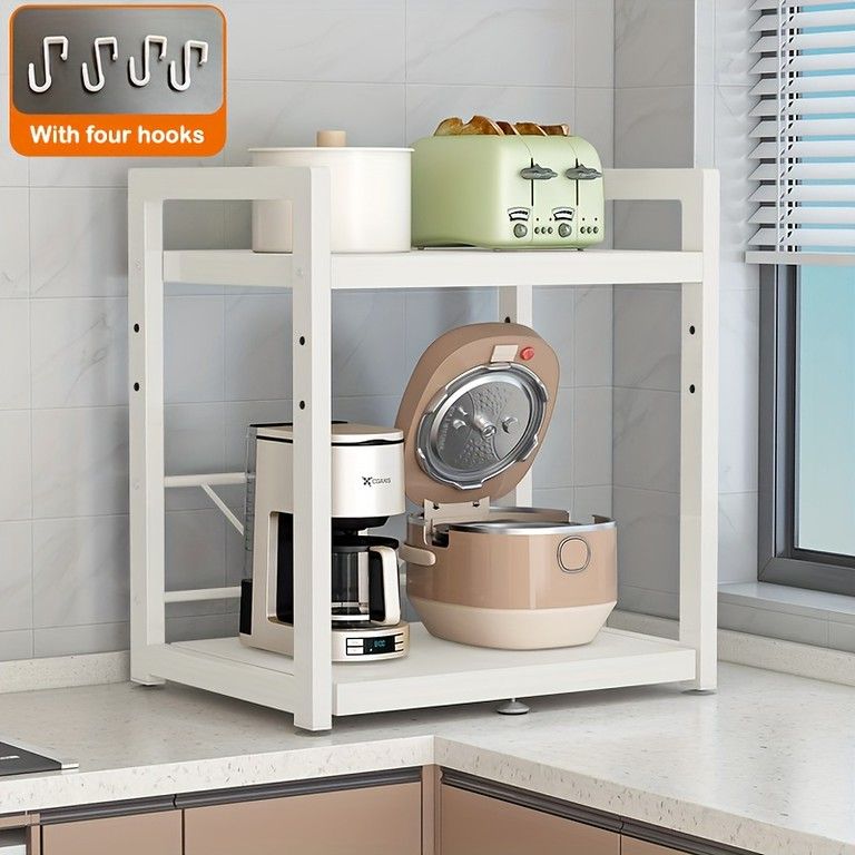 耐荷重20kg以上 マイクロ波収納ラック 4連フック付 調理器具 エアフライヤー コーヒーメーカー用 金属製カウンタートップスタンド 組み立て済み キッチン収納ラック パールホワイト