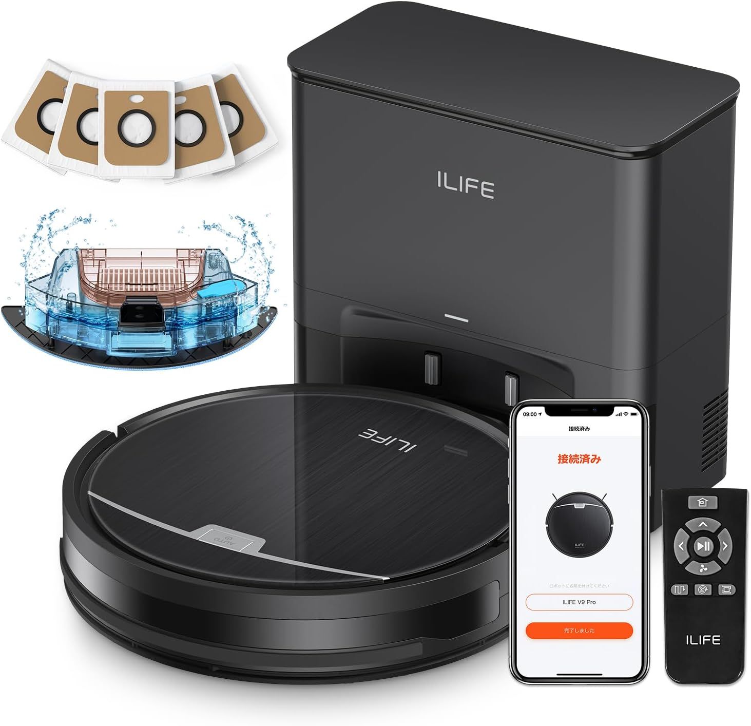 アイライフ(ILIFE) ロボット掃除機 自動ゴミ収集ステーション 2.5L大容量紙パック（5枚付き） 60日自動ゴミ収集 最小型ドックと本体 水拭き両用 3000Pa強力吸引 お掃除ロボット 超薄型 ブラシレ
