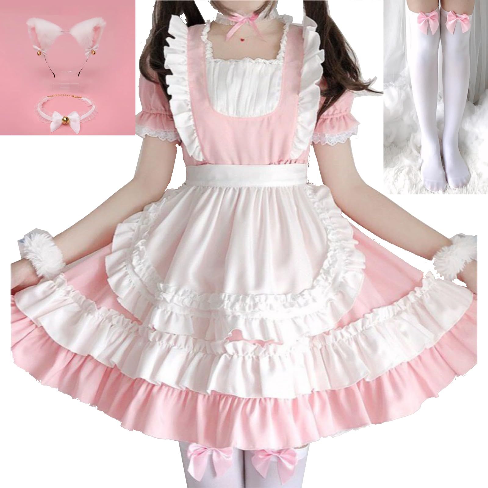 [Wonderfall] メイド服 コスプレ カチューシャ チョーカー ハロウィン (ピンク(猫耳、ソックス)， L) [L] [ピンク]