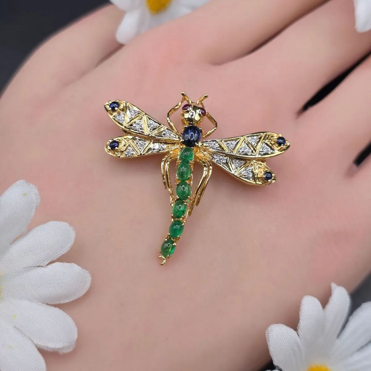 K18 ルビー/エメラルド/サファイア/1.79ct ダイア0.19ct ブローチ 鑑別 