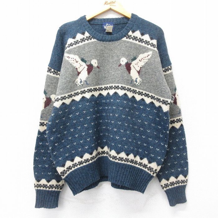 XL/古着 ウールリッチ 長袖 セーター メンズ 90s 鳥 バーズアイ ウール クルーネック 紺 ネイビー 霜降り他 24oct02 中古 ニット トップス
