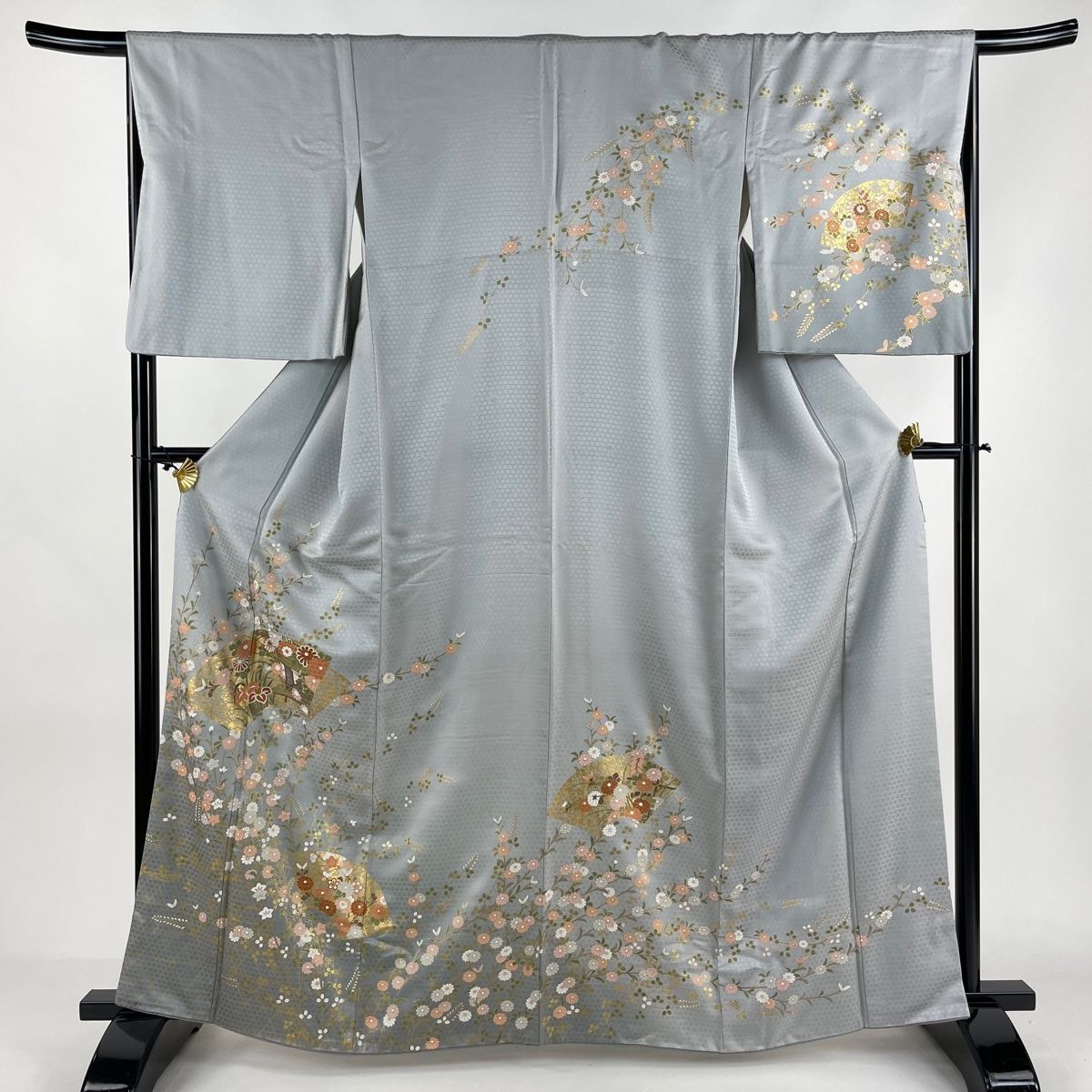 訪問着 身丈162.5cm 裄丈66.5cm M 袷 やまと 扇面 秋草 金彩 ぼかし 灰色 正絹 秀品