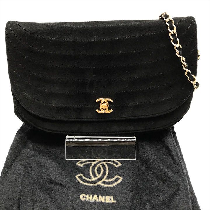 美品 CHANEL シャネル ココマーク スエード ハーフムーン ターンロック ヴィンテージ チェーン ショルダー バッグ ブラック 黒 ...
