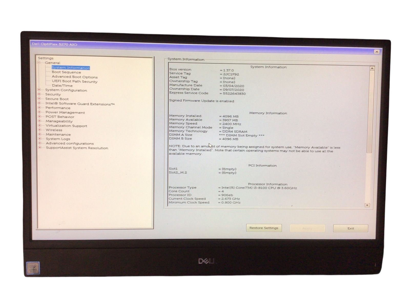 DELL OptiPlex 5270 AIO| CPU CORE i3-8100| メモリ4096MB| ストレージ無し番号E15