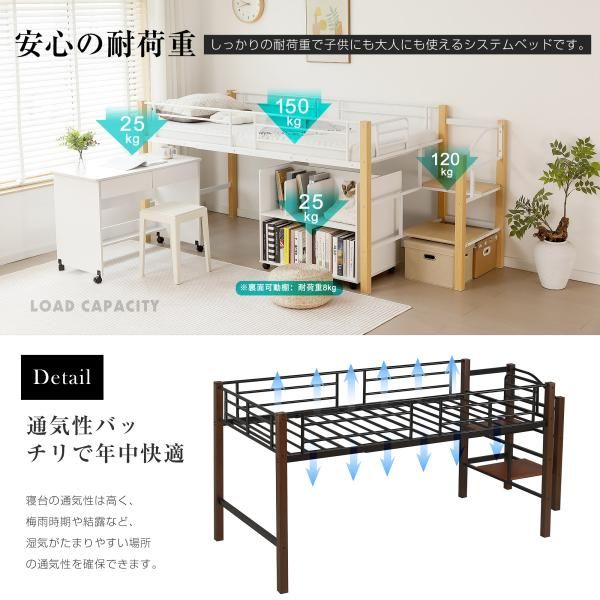 システムベッド 3点セット ロフトベッド パイプベッド シングル 耐荷重150kg 高さ109m ハイベッド ロフトベッドロータイプ 棚 収納 子供部屋 シングルベッド NEXPOTALLINN_EU