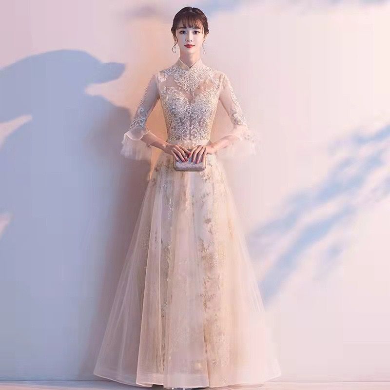 ロングドレス パーティードレス 発表会 演奏会 ステージドレス コンクール イブニングドレス フォマール シャンパン 立ち襟