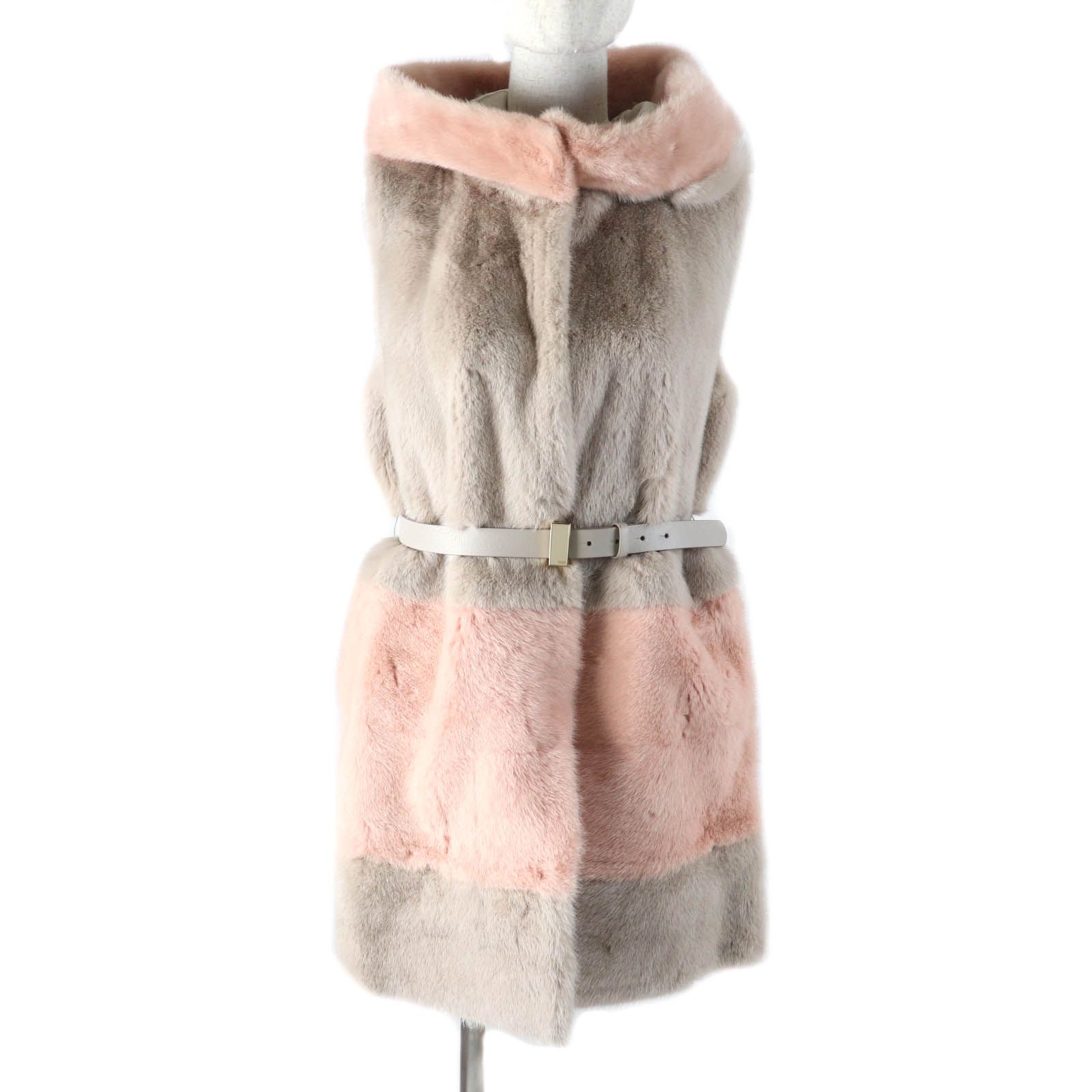 FENDI フェンディ FNH320 レザーベルト フード付 3way ZIP UP ミンク ベスト ベージュ ピンク 40 イタリア製 レディース
