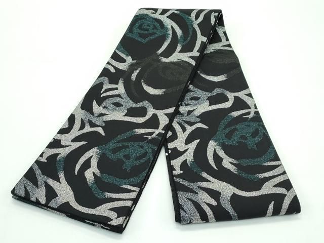 平和屋着物 上 両面 半幅帯 薔薇 バラ 黒地 銀糸 おゝみ北川 ♥ CZAA3483s5