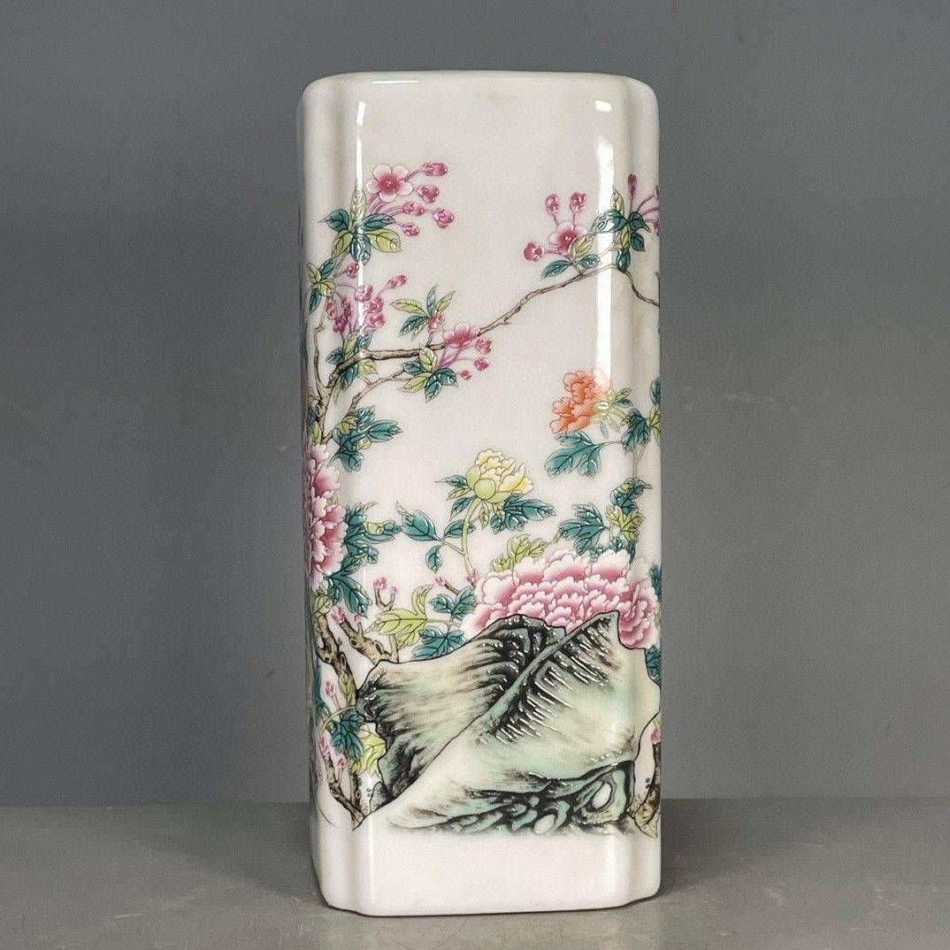 大清光緒パステル牡丹花卉四方毛筆筒 花瓶 景徳鎮 陶磁器 装飾品