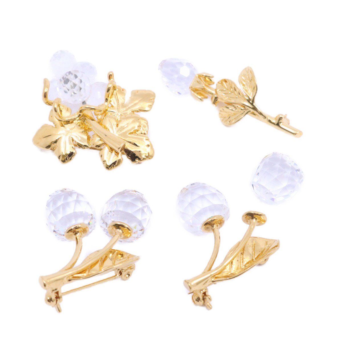 【まとめ売り・訳あり品】SWAROVSKI スワロフスキー ブローチ 5点セット バラ 葡萄 さくらんぼ ゴールド色金具/クリスタル【いおき質店】