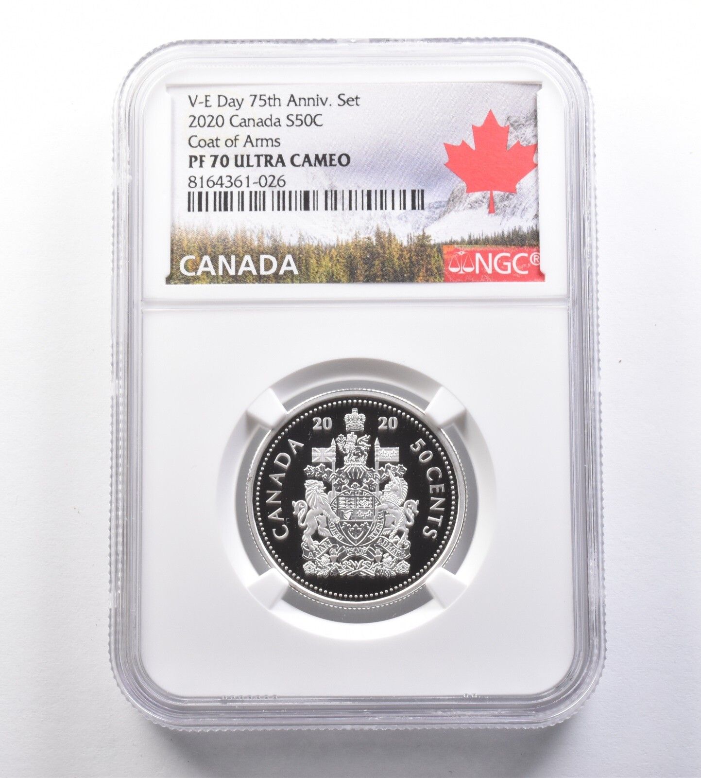 2020年 カナダ 50セント銀貨 戦勝記念日75周年記念 紋章入り PF70 NGC
