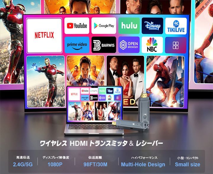 ミラーリング ワイヤレスHDMI 無線HDMI ストリーミング端末 1080P 2.4G/5GHz 30M伝送 ワイヤレス HDMI 送受信機セット ミラーキャスト アダプタ パソコン ゲーム ビデオ オーディオ テレビ プロジェクター モニター用 複製 拡張