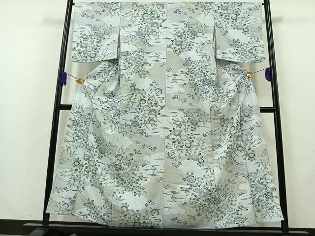 平和屋着物▽上質な小紋　単衣　更紗花鳥文　鬼しぼ縮緬　正絹　逸品　AABA9576jh 平和屋着物▽上質な小紋 単衣 更紗花鳥文 鬼しぼ縮緬 正絹 逸品