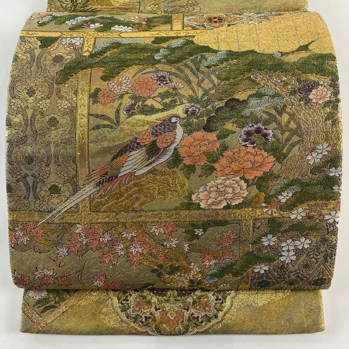 袋帯 秀品 花鳥 風景 箔 金色 全通 正絹