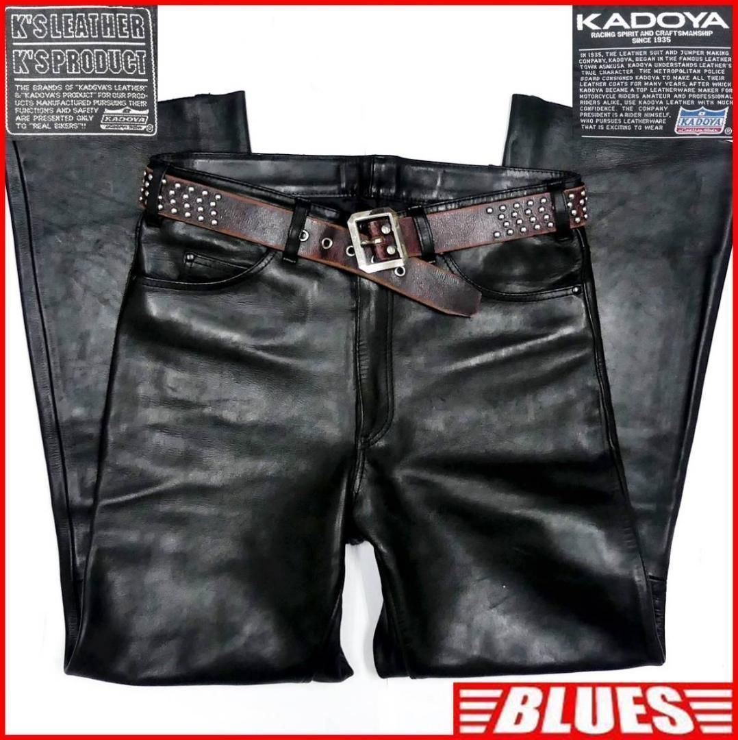 カドヤ レザーパンツ メンズ W35 黒 本革 ロック 革パンツ 皮AA1089