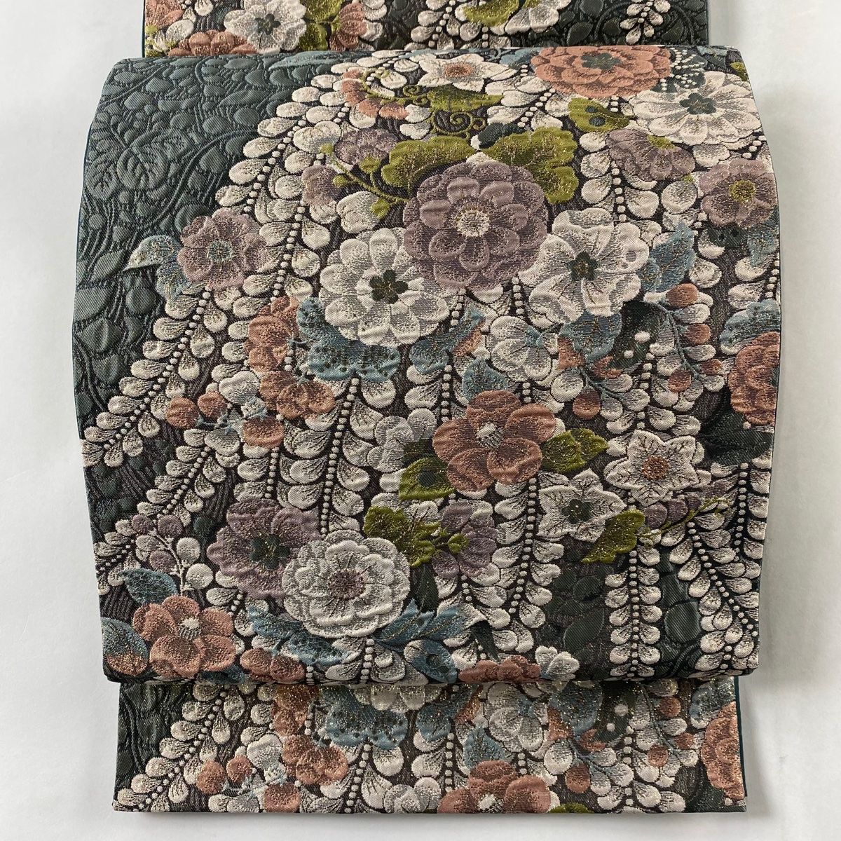 袋帯 美品 秀品 やまと 辻ヶ花柄 箔 金通し 灰緑 六通 正絹 袋帯 美品 秀品 やまと 辻ヶ花柄 箔 金通し 灰緑 六通 正絹