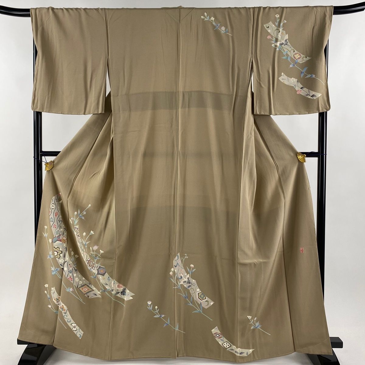 訪問着 身丈164cm 裄丈67.5cm L 袷 和泉衛知 加賀友禅 落款 草花 鳥 山吹茶色 正絹