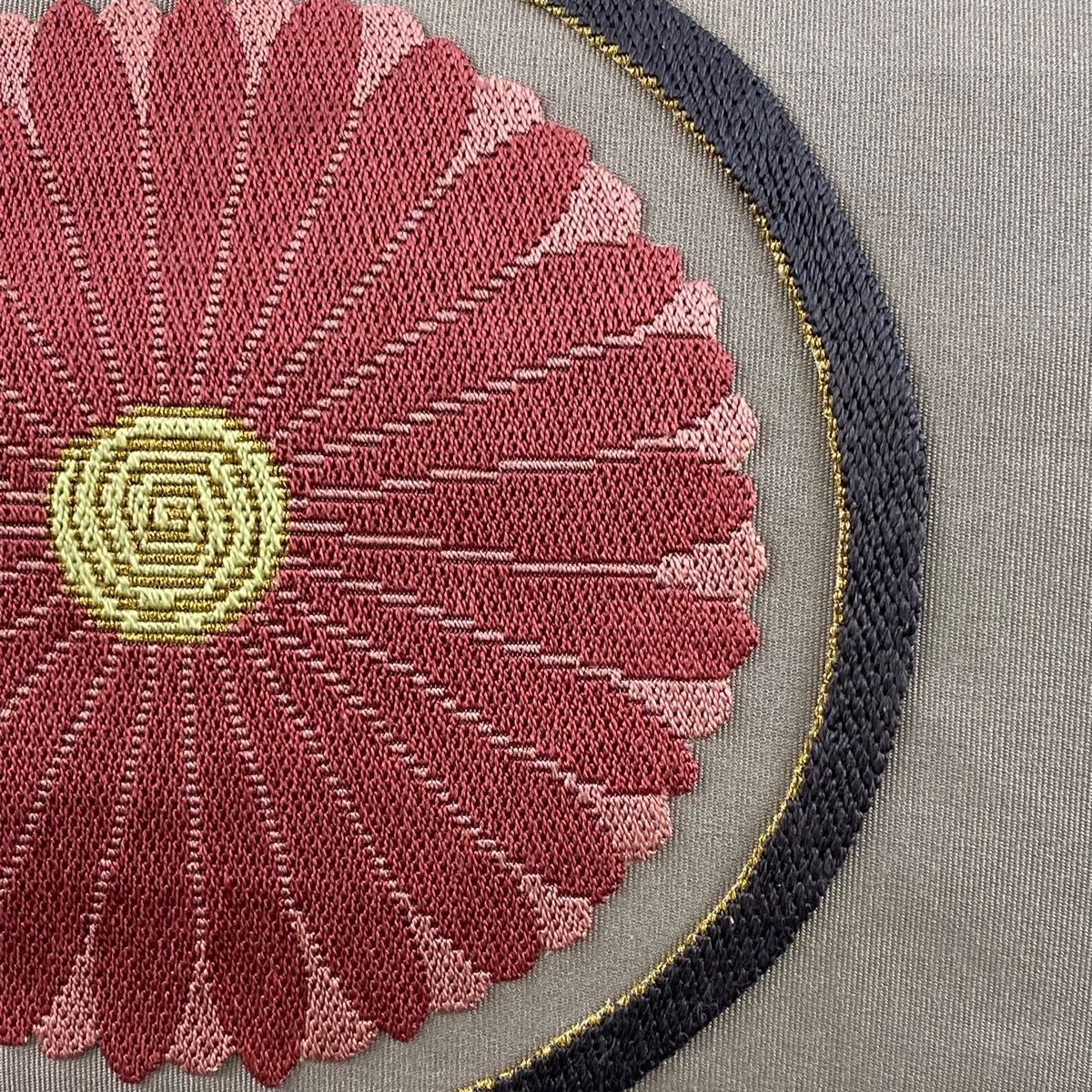 名古屋帯 秀品 八寸名古屋帯 松葉仕立て 丸文 菊 刺繍 金糸 灰紫 正絹