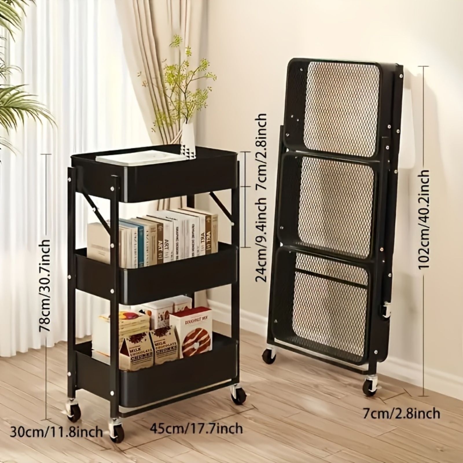 メタルラック 折りたたみ式 3層の メタルカート ホイール付き