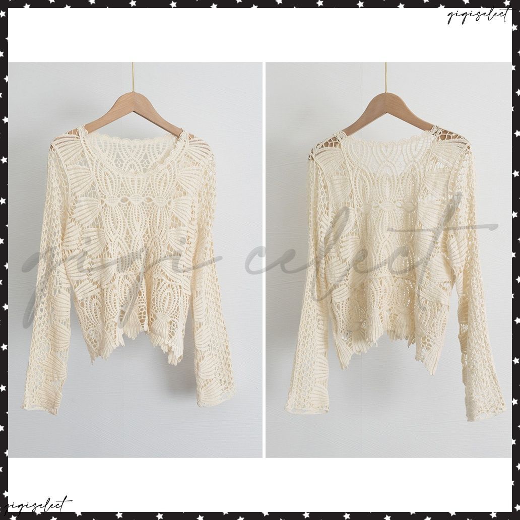 【試着のみ未使用】rich♡ クロシェ編みが可愛い♡サマーニットトップス かぎ編みサマーニット 透かし編みトップスレディース 長袖