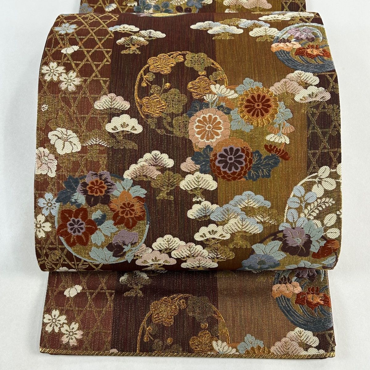 袋帯 秀品 関西仕立て 花丸文 笠松 金糸 茶紫 六通 正絹