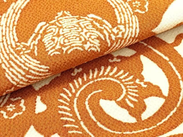 平和屋着物○全通柄九寸名古屋帯 型染め 鶴 亀 花唐草文 鬼しぼ縮緬
