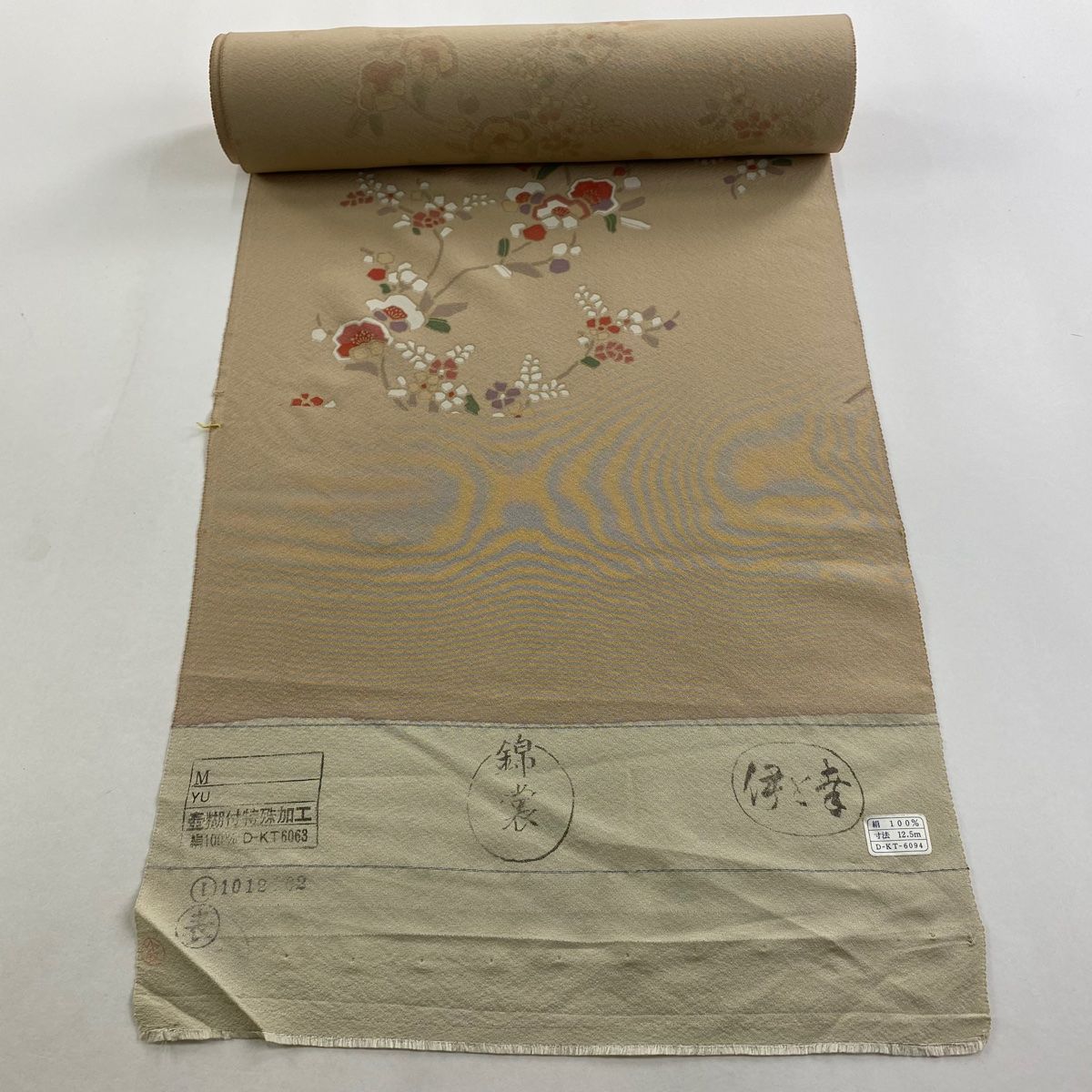 反物 秀品 小紋 伊と幸 枝花 金彩 薄茶色 正絹