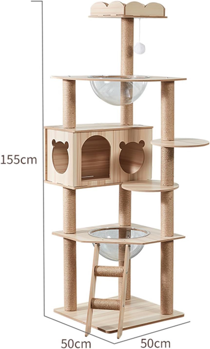 玉城　キャットタワー 猫タワー 登りやすい スリム ねこハウス 高さ155cm 天然麻紐 据え置き型 爪とぎポール 宇宙船 見晴台 多頭飼い 運動不足解消 お手入れ簡単 丸角設計 省スペース 木製 高い安定性
