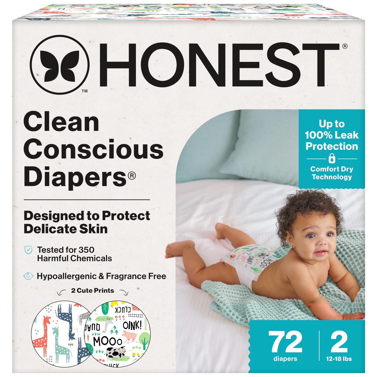 The Honest Company クリーンコンシャスおむつ | 植物由来 サステナブル | パンダ バーンヤードベビー | クラブボックス サイズ2 12~18ポンド 72枚