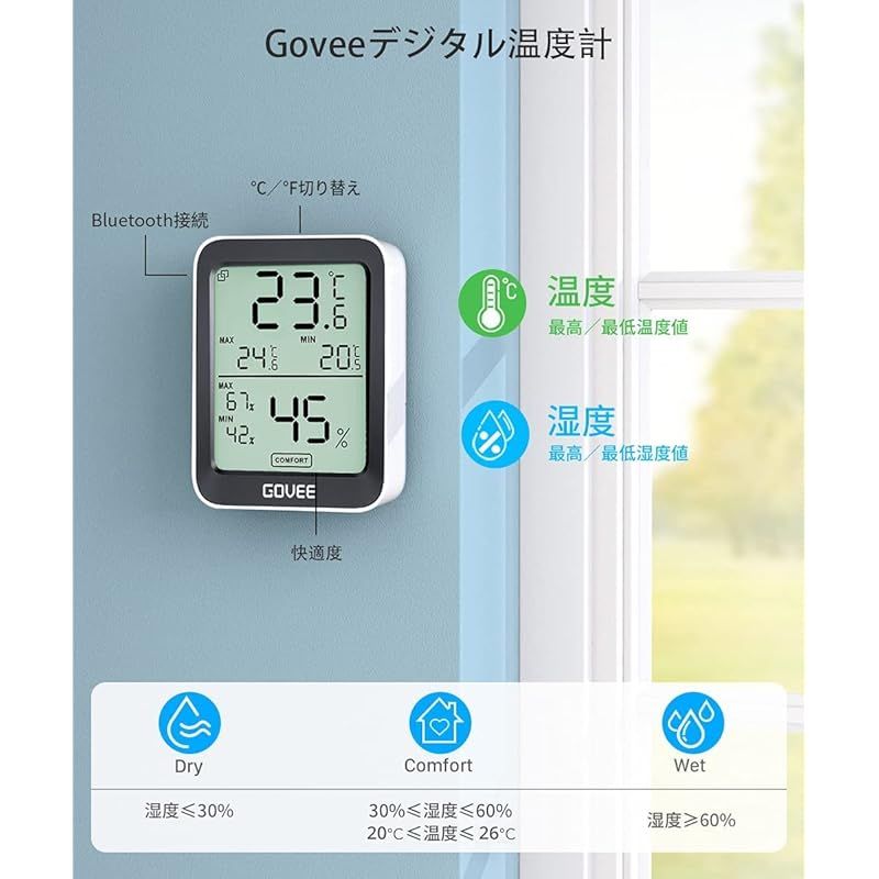 Govee 温湿度計 温度計 湿度計 Bluetooth デジタル スマホで温度湿度管理 温度 湿度 高精度 コンパクト 大画面 グラフ記録 アラーム 異常通知 最高最低温湿度 乾燥対策 加湿対策 温室 地下室 室内 置掛兼用(2個)