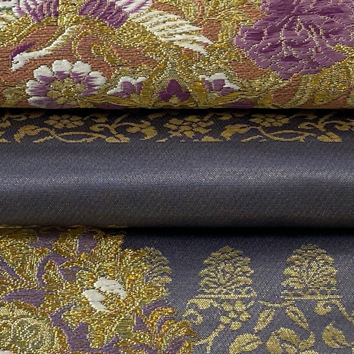 袋帯 逸品 落款 古代帝王紫 華文 花鳥 金糸 箔 灰紫 六通 正絹