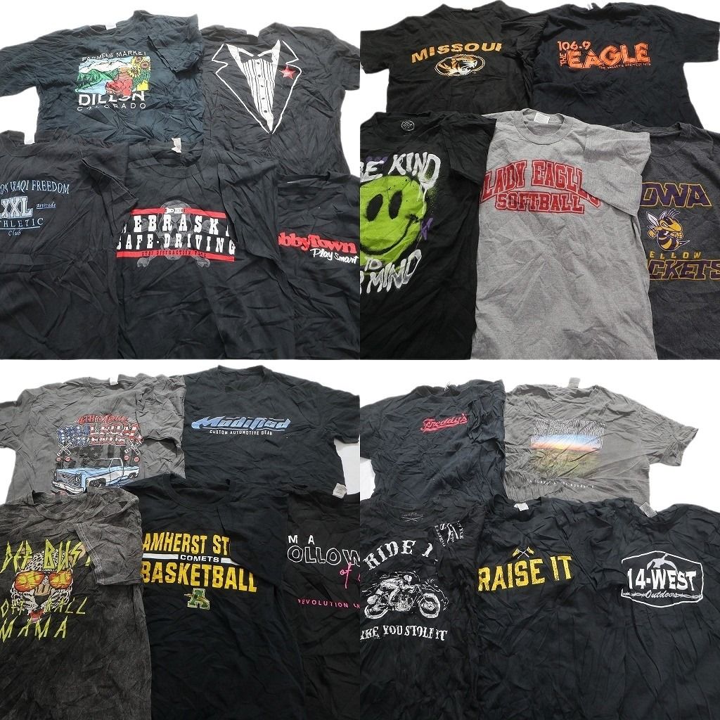 古着卸 まとめ売り 黒・グレー ボディ プリント 半袖Tシャツ 20枚セット (メンズ L ) カレッジ風 スマイル チームロゴ 中古 古着 MZ0389