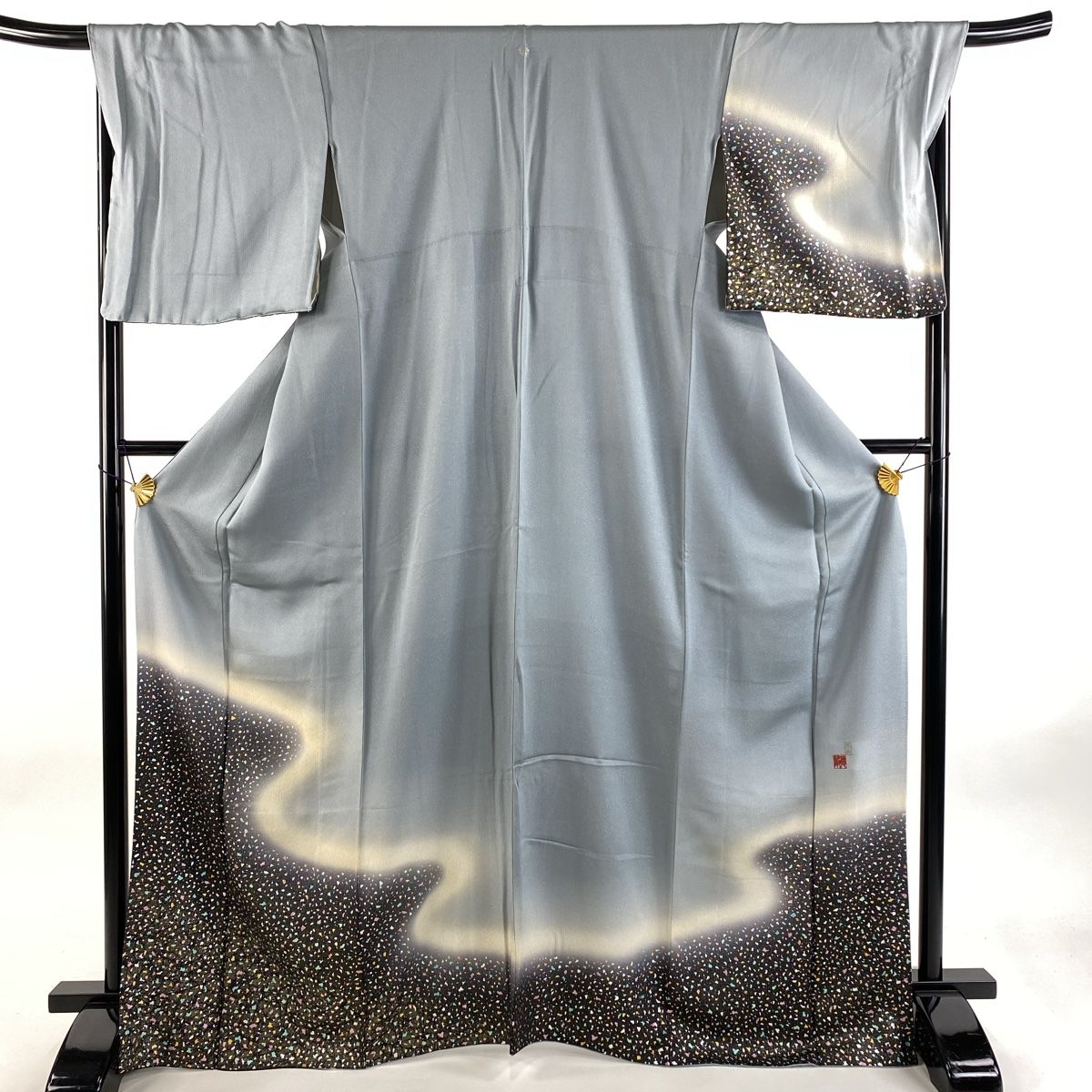 付下げ 身丈168.5cm 裄丈68cm L 袷 藤林徳扇 落款 霞 幾何学 金銀彩 銀通し 青灰色 正絹 一つ紋