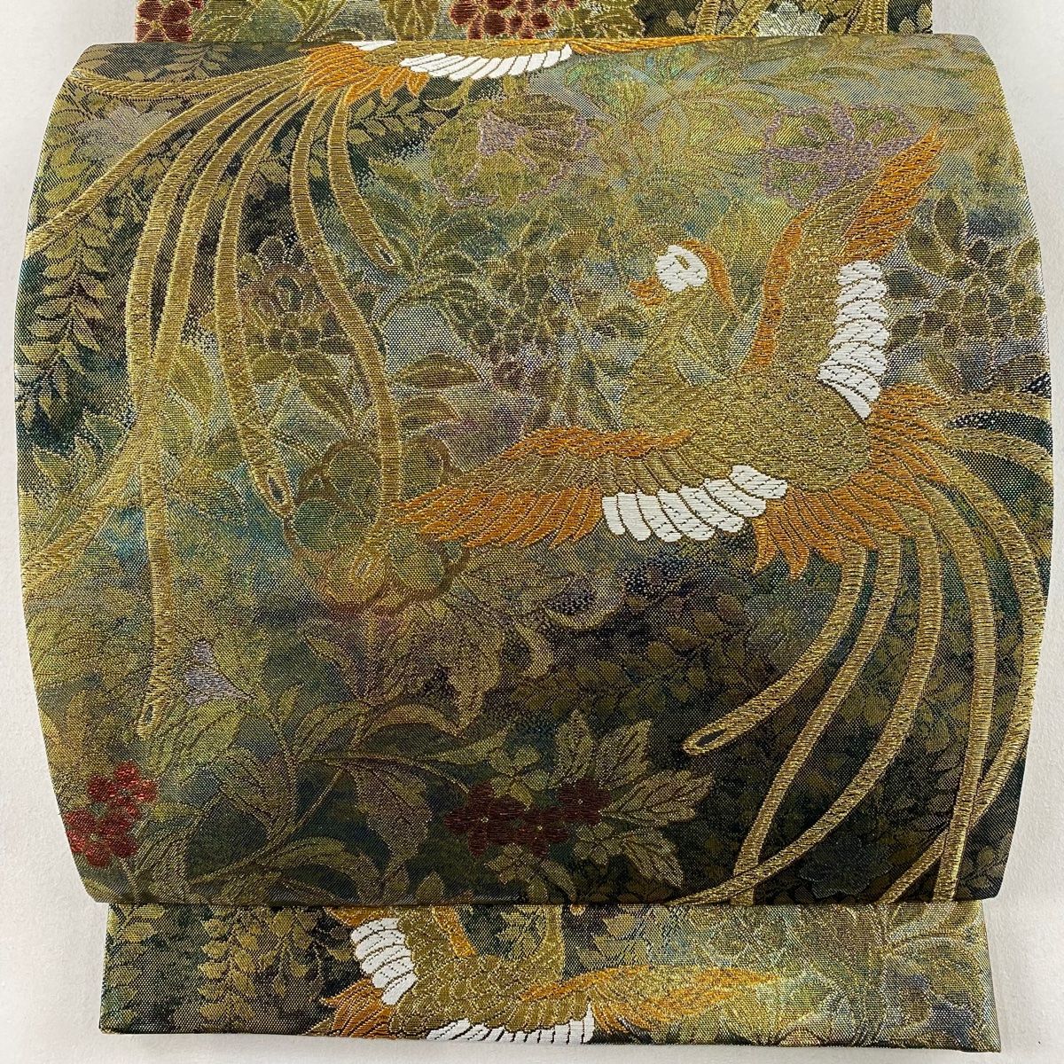 袋帯 秀品 尾長鳥 雲立涌 唐織 焦茶色 六通 正絹 【中古】