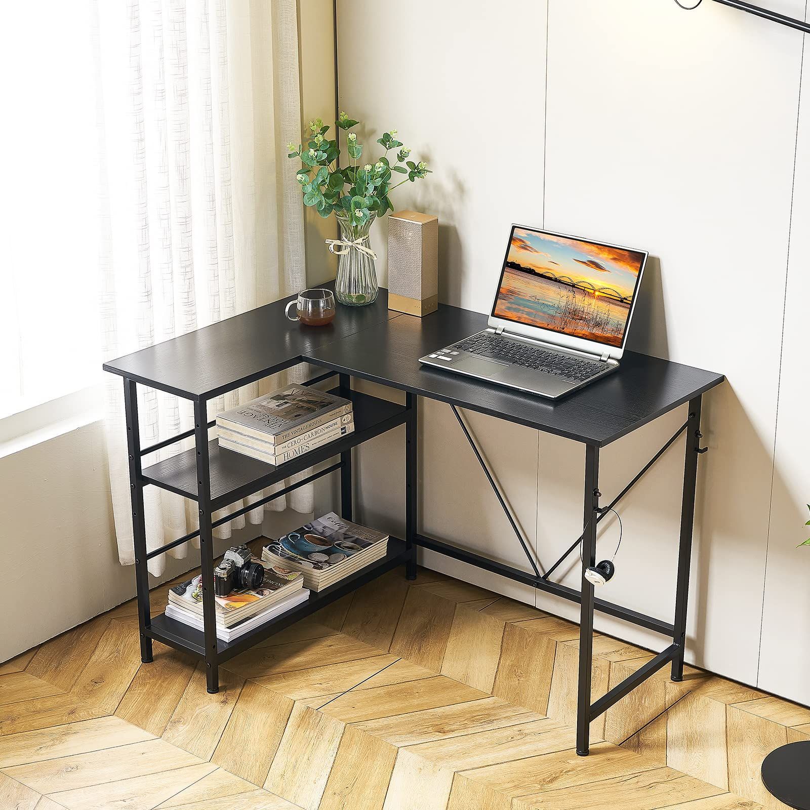 新着商品 ワークデスク 省スペース 学習机 作業机 在宅勤務 テレワーク 机 棚板高さ調節 シンプル 収納ラック付き ゲーミング コーナーデスク オフィス l字型 PCデスク 左右入替え 幅110×奥行48×高さ75cm ブラック パソコンデスク L