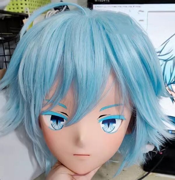 ハーフマスク ウィッグ付き 眼球付 青 樹脂製 コスプレマスク 着ぐるみ 美少女 ハーフマスク ウィッグ付き 眼球付 青 樹脂製 コスプレマスク