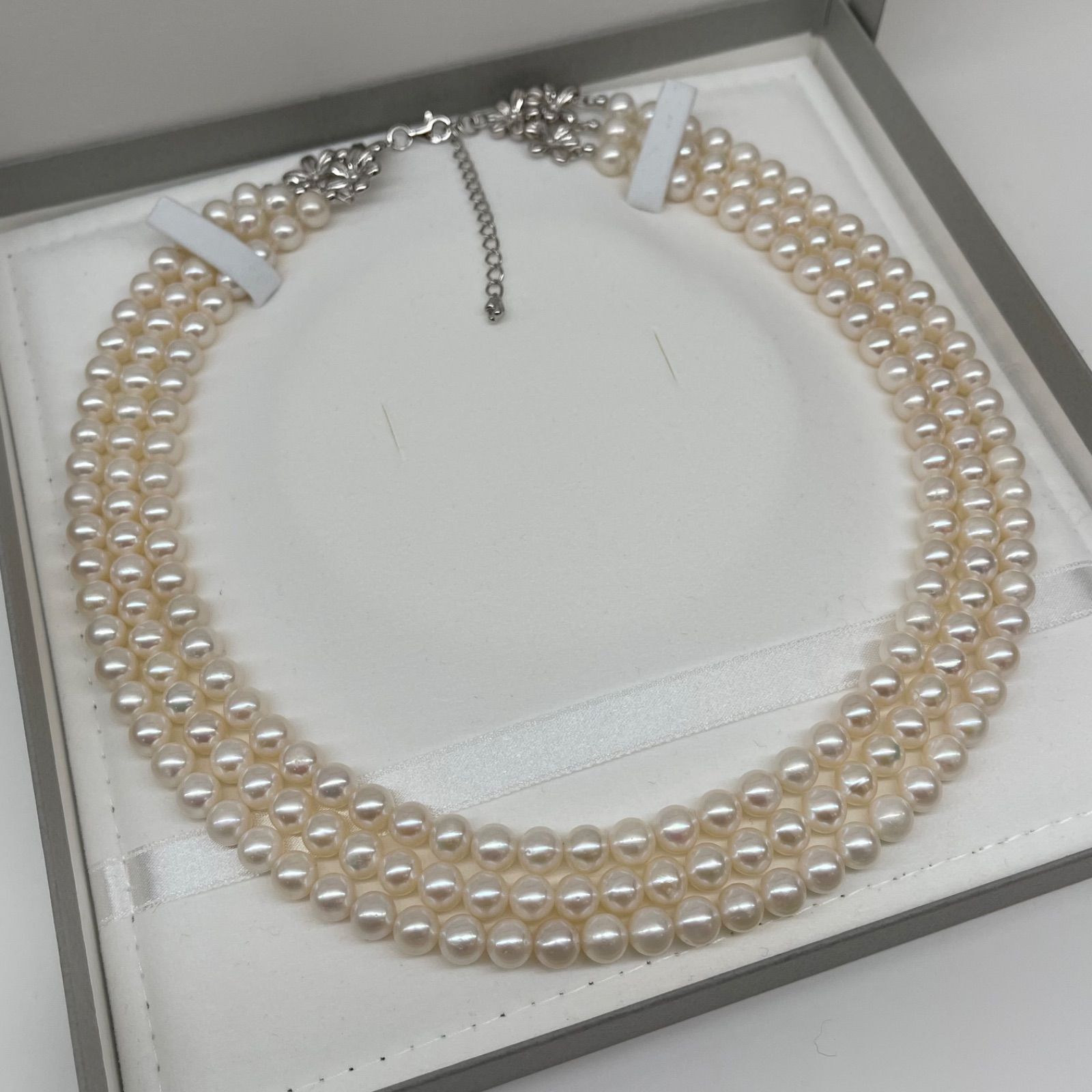 ★美品★本真珠 淡水パール 3連パールネックレス シルバー金具 50cm ☆美品☆本真珠 淡水パール 3連パールネックレス シルバー金具