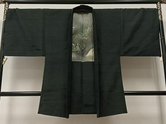 平和屋着物＃男性 長羽織 蝋色 黒地 正絹 CAAV5797id