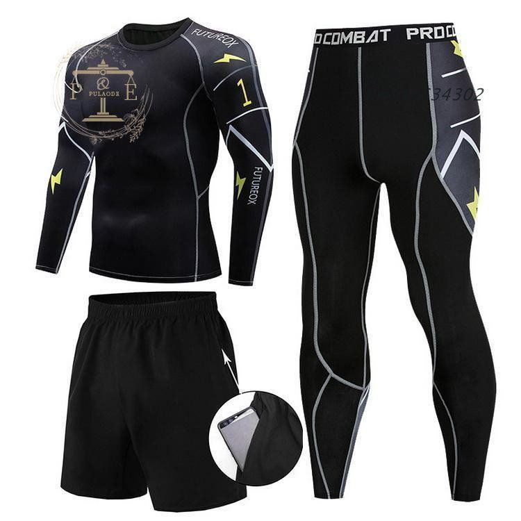 フィットネスウエア 3枚組 コンプレッションウェア 上下セット 加圧シャツ ハーフパンツ ロングタイツ メンズ トレーニング kni4a634302