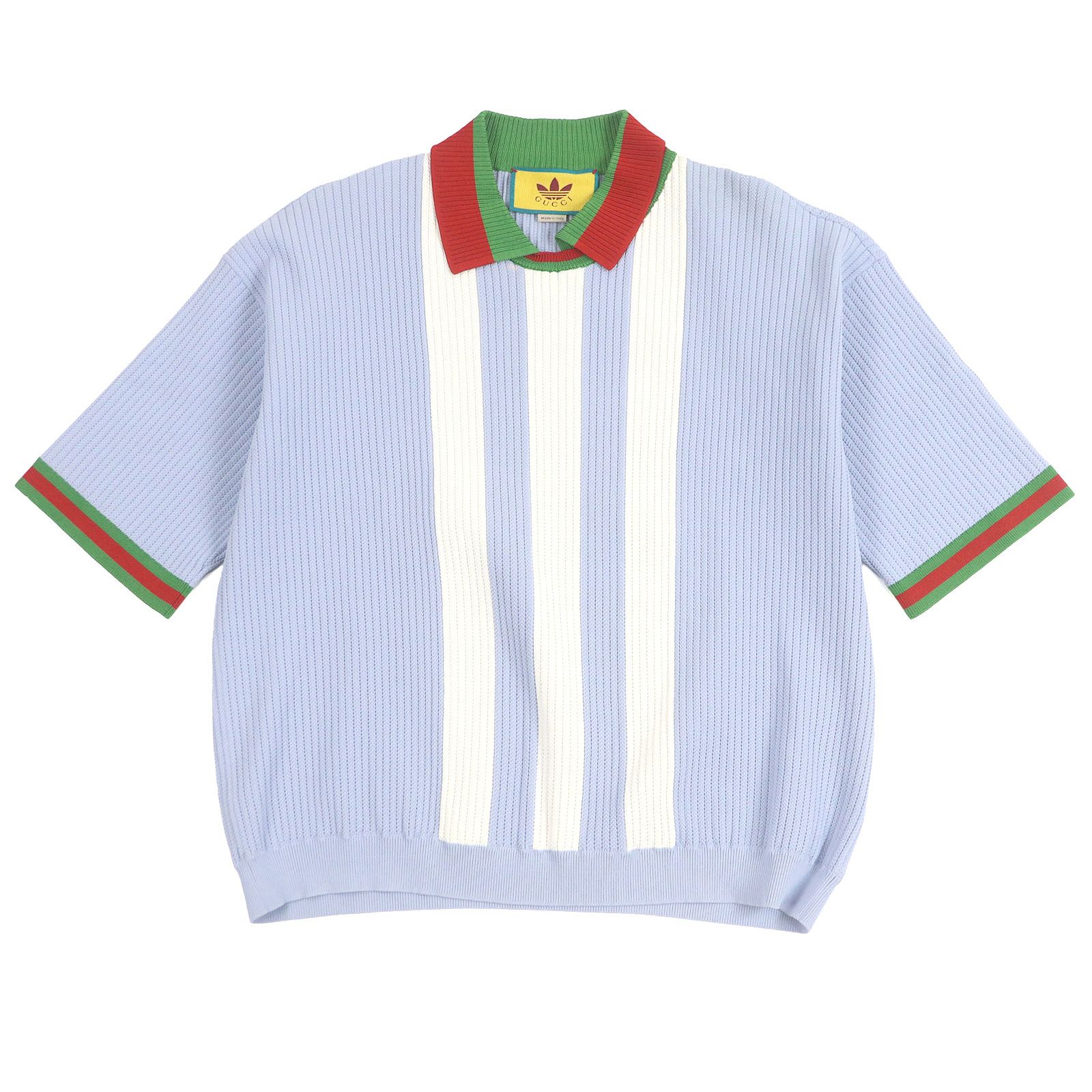 □GUCCI adidas グッチ アディダス 700482 ウェブライン スリーストライプス 半袖 ニットポロシャツ ライトブルー S イタリア製 正規品 メンズ